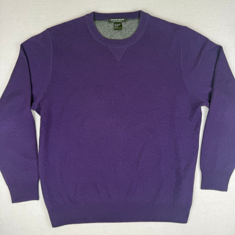 Richard Waithe Mens Purple 100% Cashmere Crewneck Sweater V-Stitch Pullover L
